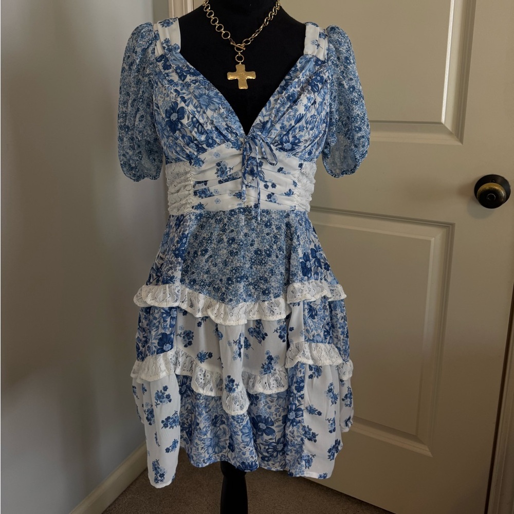 Altar'd State Blue and White Puff Sleeve Mini Sundress
